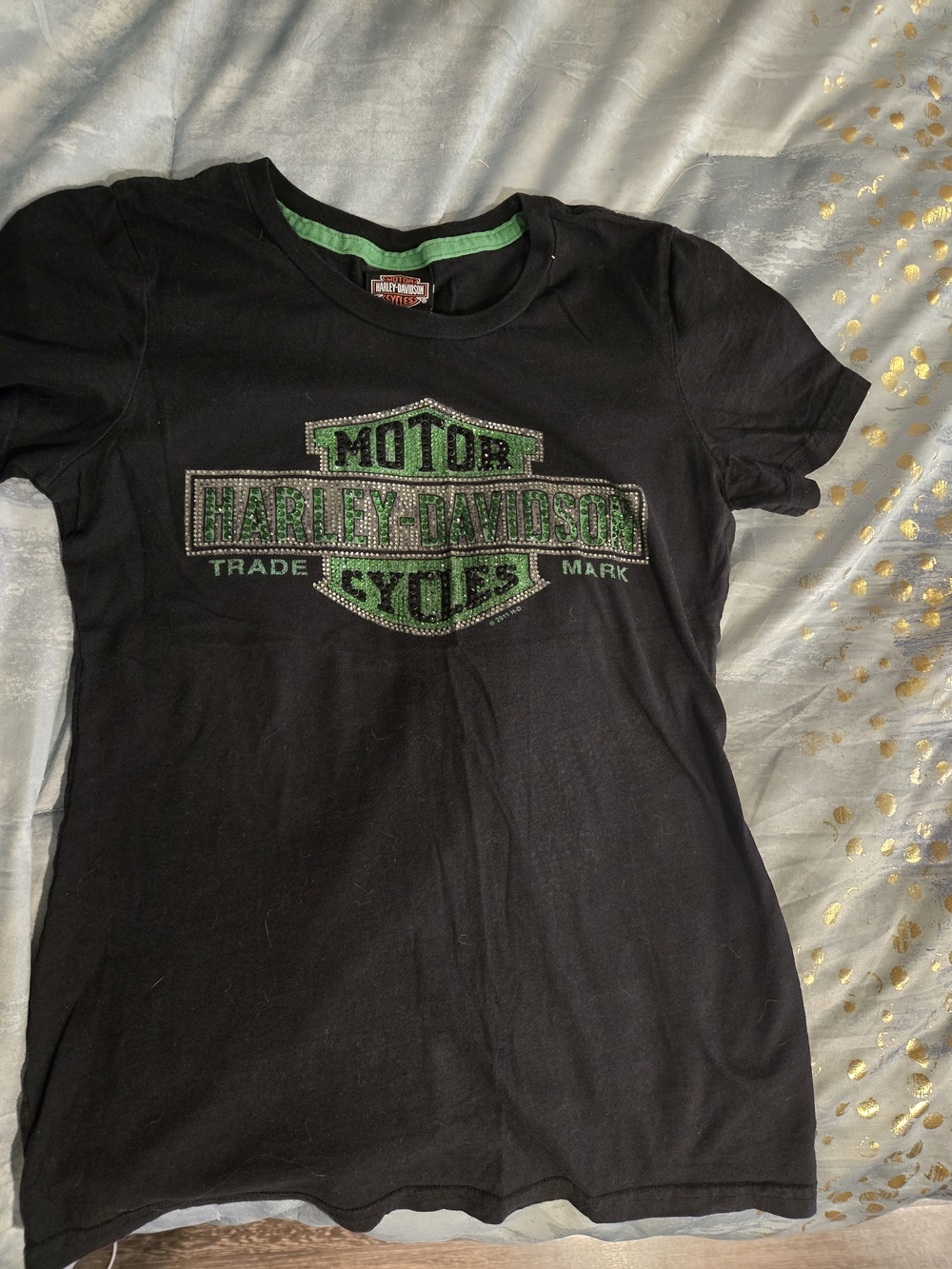 Harley-Davidson Black Short Sleeve Tee with Green and Silver Bling - Picture 2 of 5